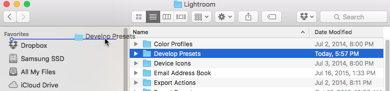 screenshot of adding your presets folder to mac OS X sidebar