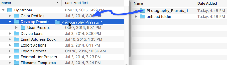 Screenshot showing how to install Lightroom presets by moving presets into the presets folder 